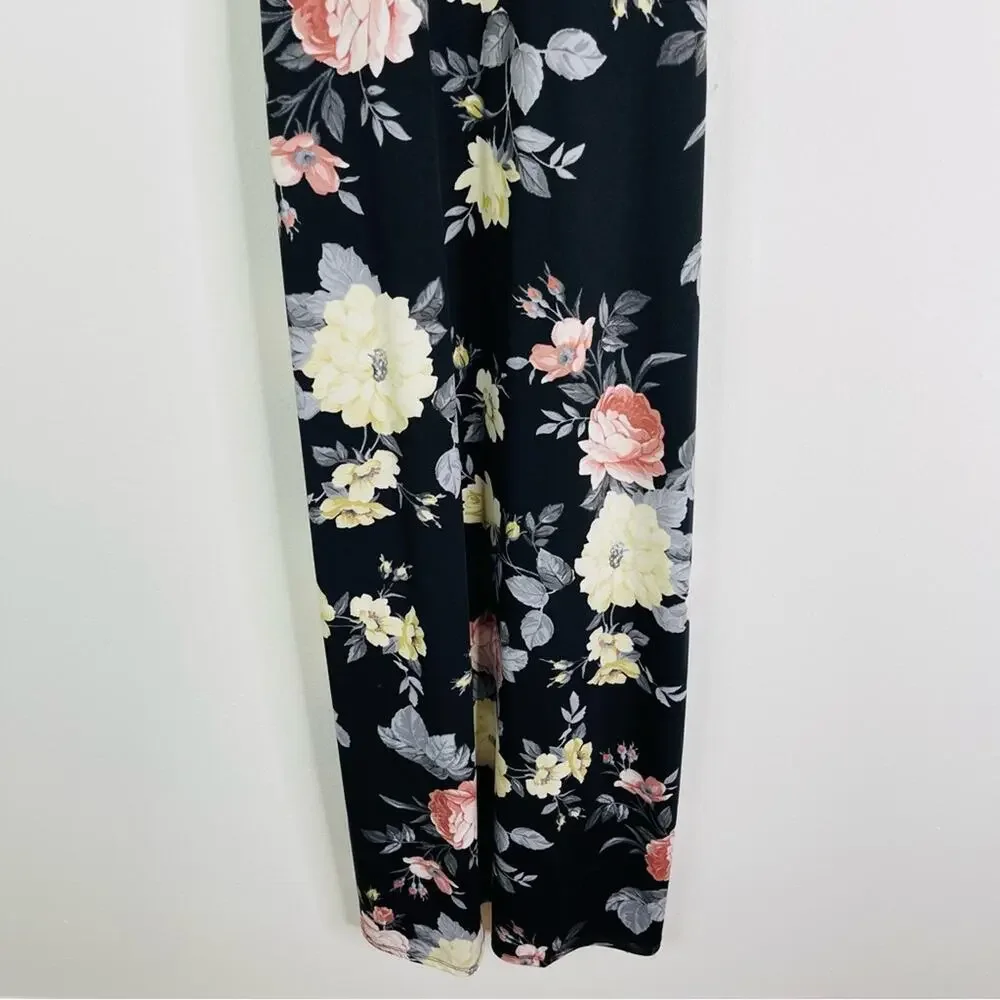 Black cream pink floral stretchy mesh halter evening wedding maxi dress small - Picture 3 of 7